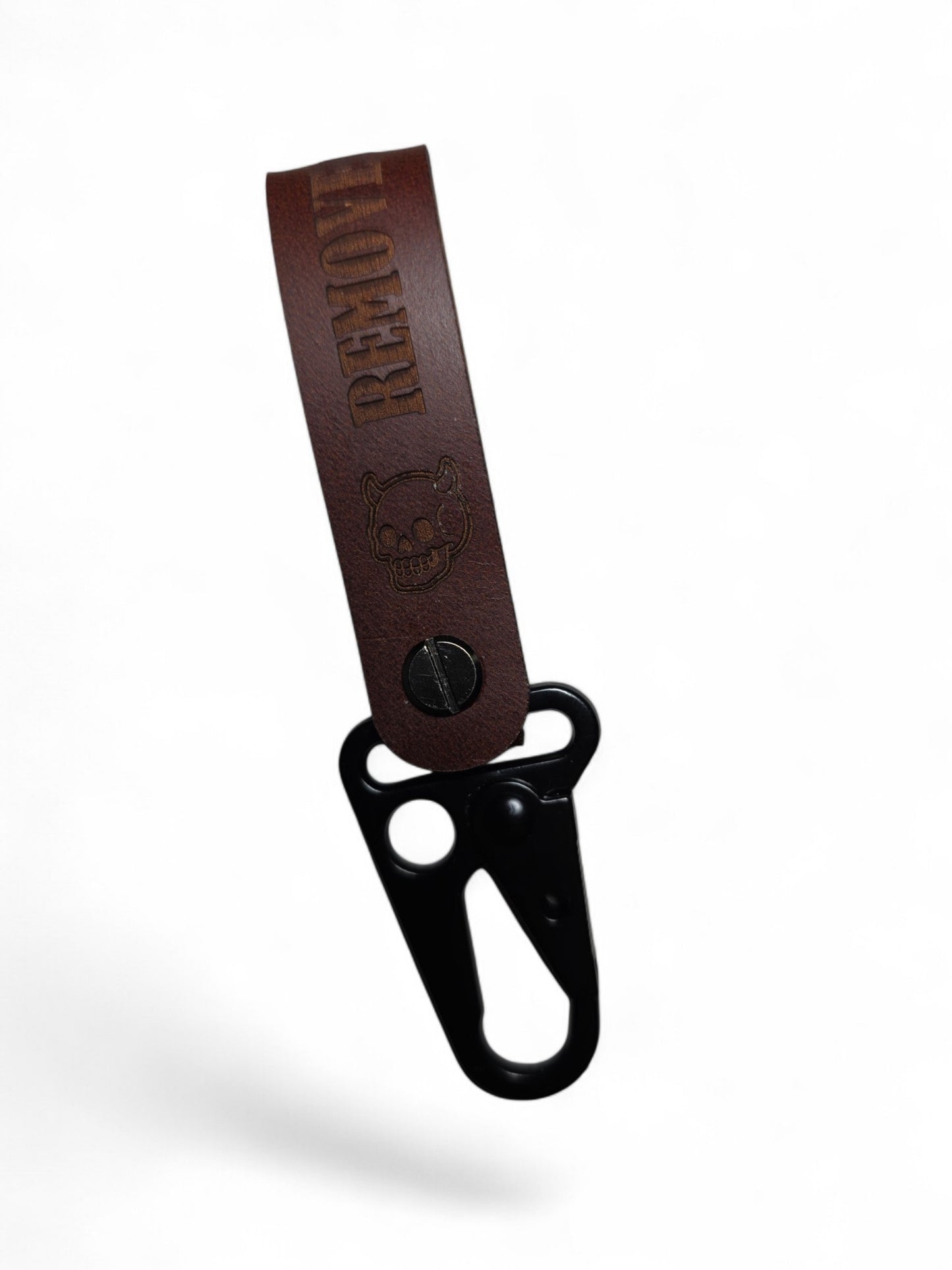 Dark Works Syndicate brown leather keychain with engraved skull design and black metal carabiner clip
